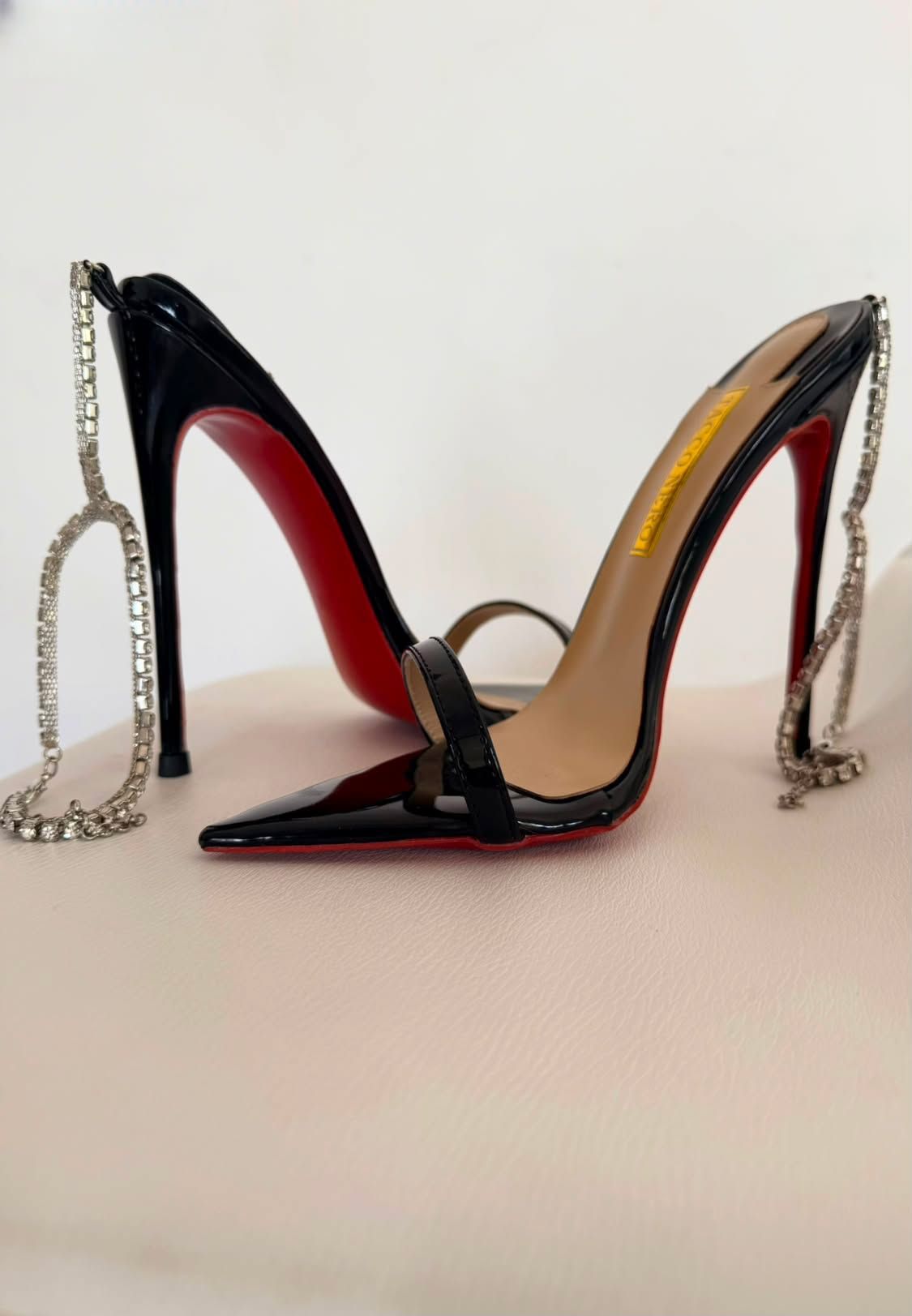 Hanna black strappy sandals with chain